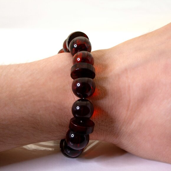 100% NATURAL Dark Cherry Amber Bracelet, 13-14 mm Round Beads with Disks - Picture 6 of 8